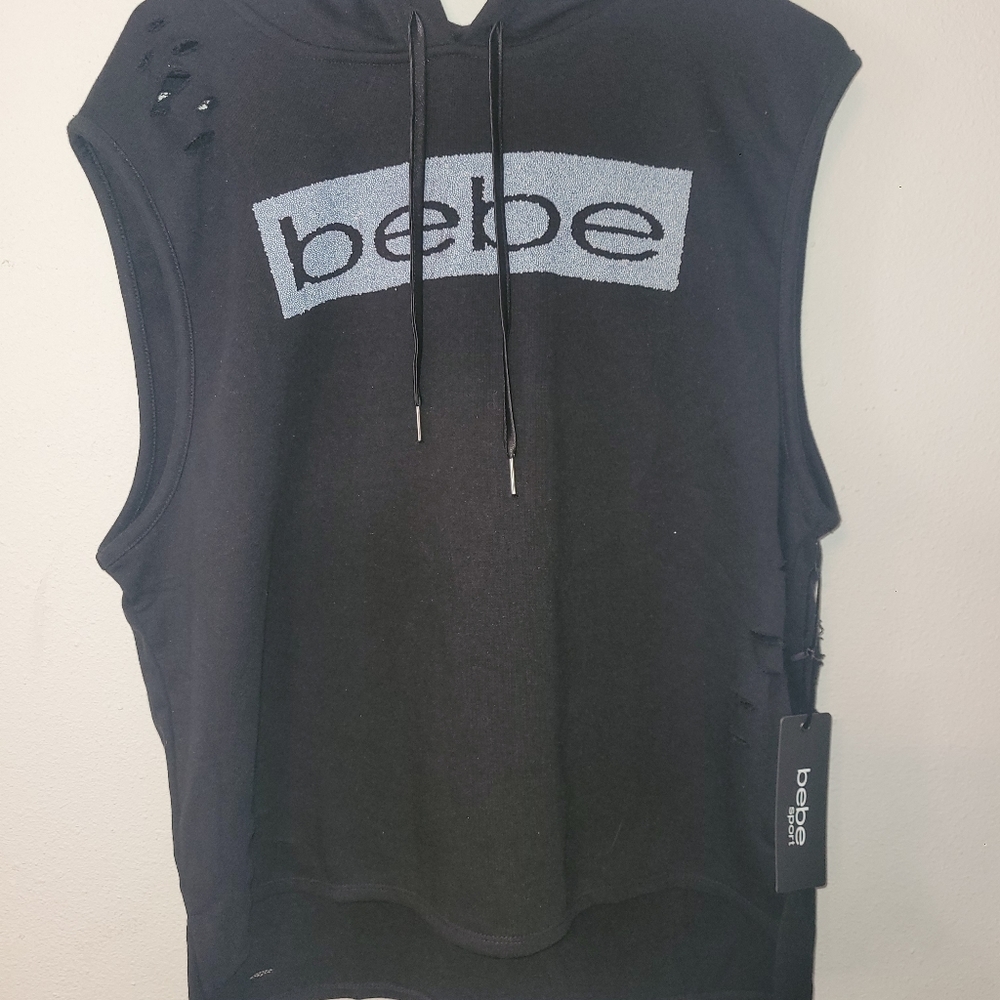 New BEBE Sport Logo Women's 1X Black Knit Cotton Sleeveless Distressed